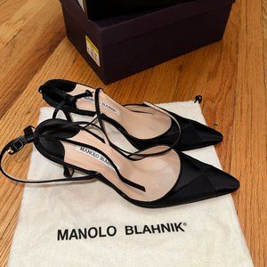 Manolo Blahnik Black Slingback Pumps with Strap - 37.5